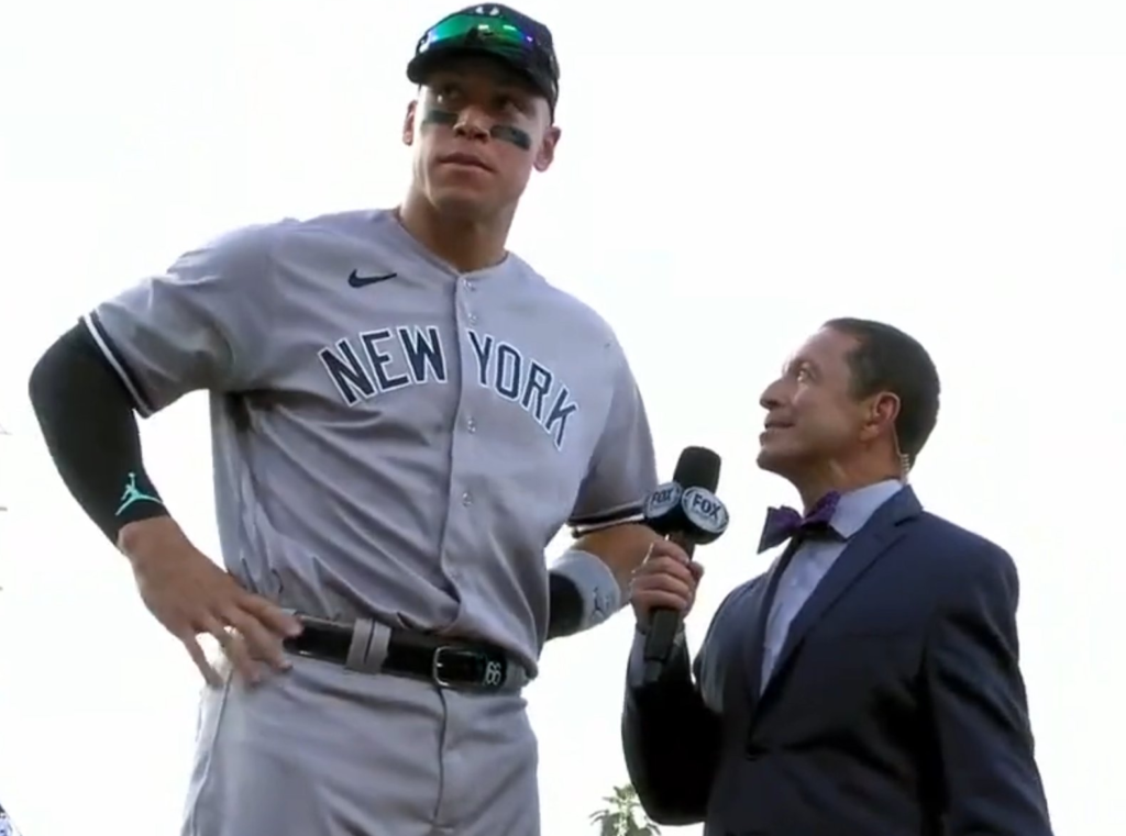 Yankees' Aaron Judge is interviewed by Ken Rosenthal after his spectacular catch against the Dodgers on June 3, 2023, at Dodger Stadium.