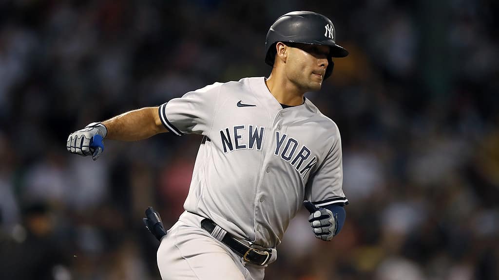 New York Yankees' Isiah Kiner-Falefa runs the bases on a two-run home run during the fifth inning of the team's baseball game against the Boston Red Sox, Saturday, Aug. 13, 2022, in Boston.