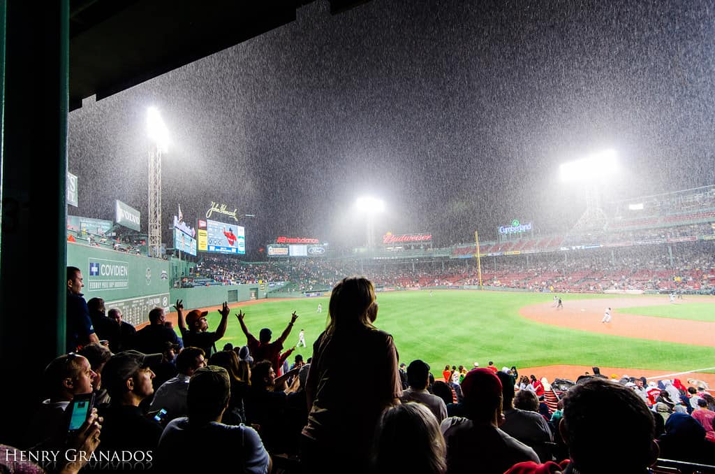 Yankees vs. Red Sox delayed by whether. Rain at Fenway Park.