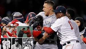 Red Sox's players fighiting during a match against the Yankees