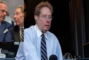 John Sterling at Yankees booth on June 10, 2023 and with Michael Kay after a ball hit him in the head.