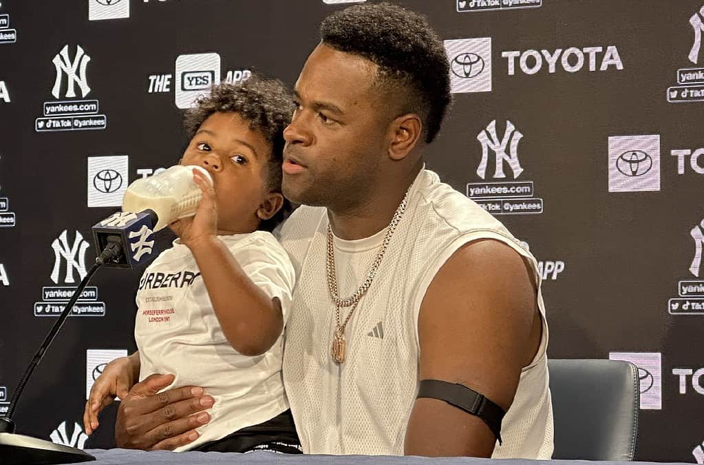 Luis Severino is with his son at the press meet after Yankees vs. White Sox on June 8, 2023, at Yankee Stadium.