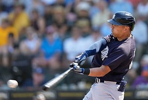 Yankees outfielder Rafael Ortega hitting in spring training game against Pittsburgh Pirates.