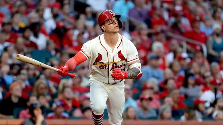 St. Louis Cardinals' Tyler O'Neill watches his two-run home run during the third inning of the team's baseball game against the Arizona Diamondbacks on Saturday, July 13, 2019, in St. Louis.