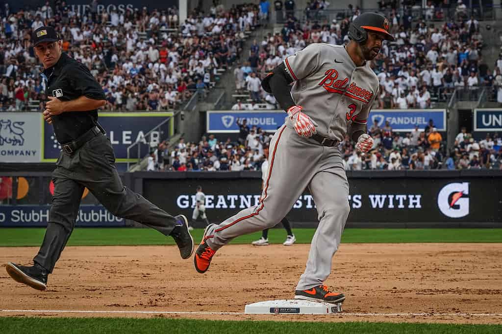 Aaron Hicks grounds out to third during the second inning of a baseball game against the New York Yankees, Tuesday, July 4, 2023, in New York.