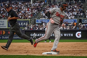 Aaron Hicks grounds out to third during the second inning of a baseball game against the New York Yankees, Tuesday, July 4, 2023, in New York.