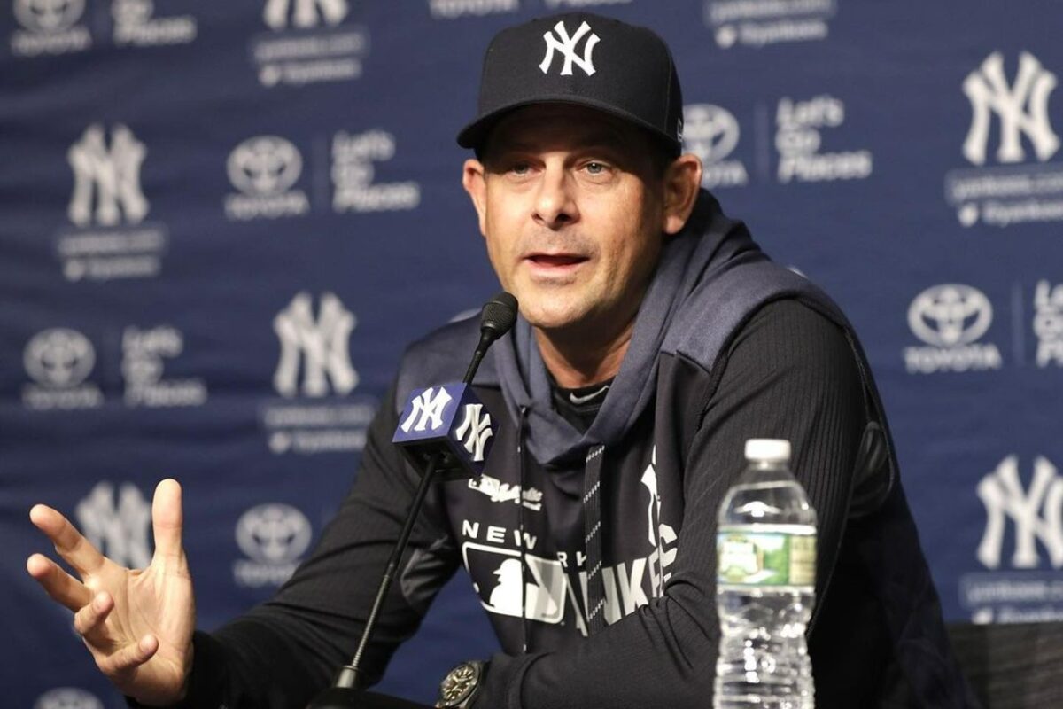 Yankees manager Aaron Boone is at a press conference after his team defeat the Mets on 27 July, 2023 at Yankee Stadium/