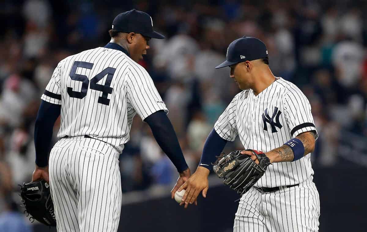 Gleyber Torres and another Yankees player. Torres struggled to put Yankees in a good form against the Cubs, on July 9, 2023