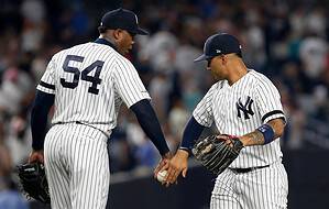 Gleyber Torres and another Yankees player. Torres struggled to put Yankees in a good form against the Cubs, on July 9, 2023