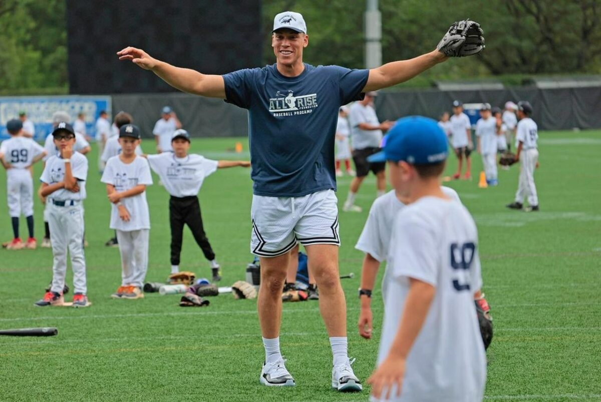 Aaron Judge is at a baseball camp organized by his All Rise Foundation on July 21, 2023, at Fordham University.