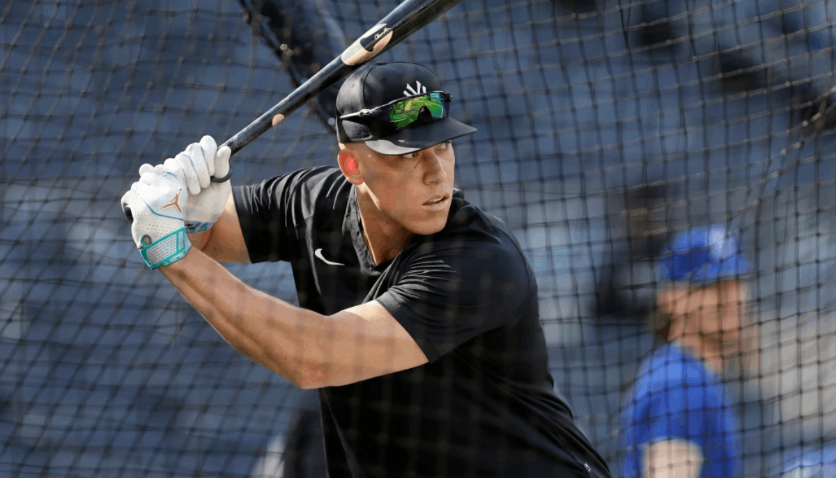 Aaron Judge takes batting practice before a game against the Kansas City Royals at Yankee Stadium