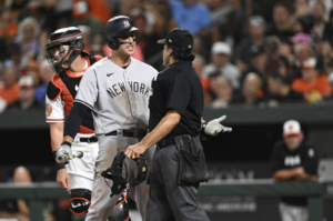 Yankees first baseman Anthony Rizzo is arguing with umpire during the game against the Orioles at Camden Yards.