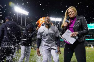 Domingo German celebrates perfect game with Yankees teammates in Oakland