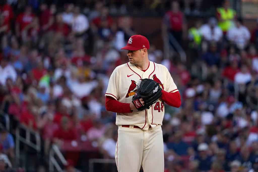 St. Louis Cardinals starting pitcher Jordan Montgomery prepares to throw during the second inning of a baseball game against the New York Yankees Saturday, Aug. 6, 2022, in St. Louis