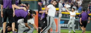 An intruder throws a shirt and yells at Anthony Volpe during the Yankees’ win over the Rockies on July 15 at Coors Field.