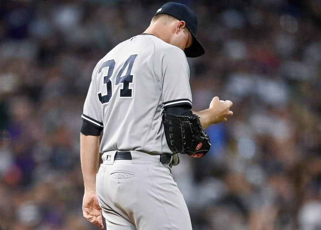 Michael King of the New York Yankees reacts after allowing Shohei Ohtani a game-tying home run on July 17, 2023.