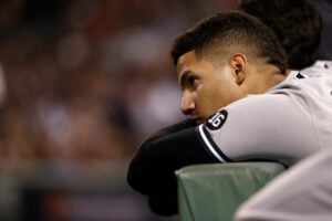 Gleyber Torres reacts after the Yankees lost in Boston in 2021.