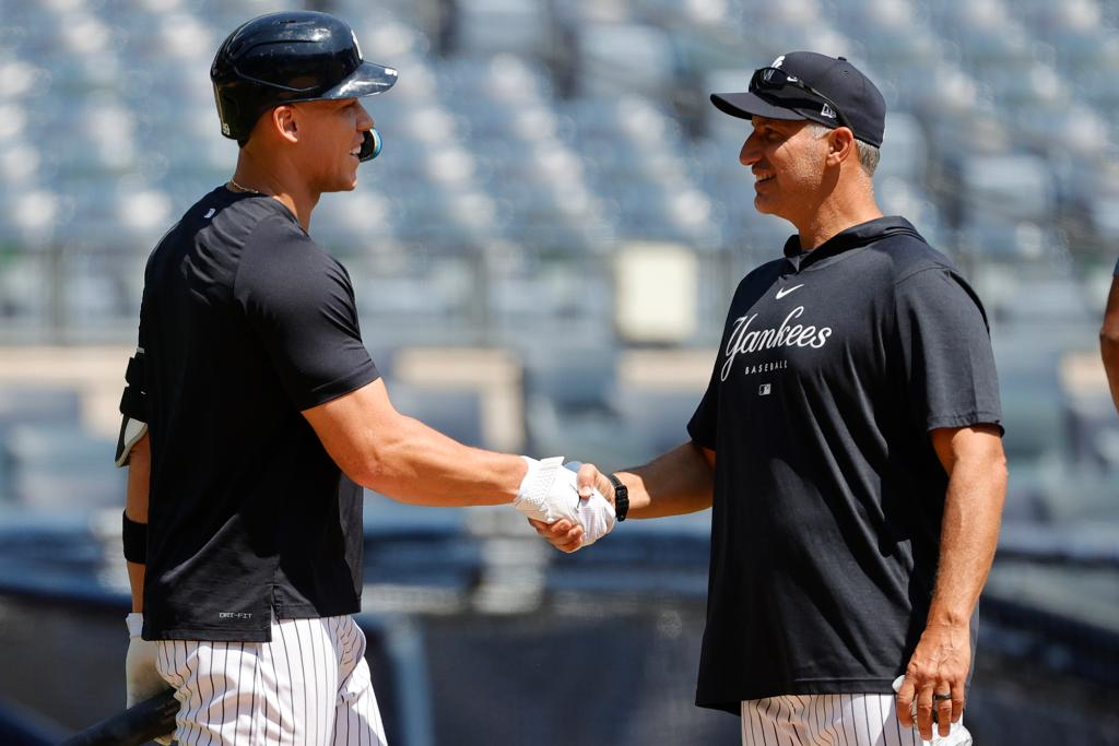 Andy Pettitte with Aaron Judge at Yankee Stadium on July 23, 2023.