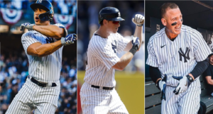 Yankees veterans Giancarlo Stanton, DJ LeMahieu, and Anthony Rizzo.