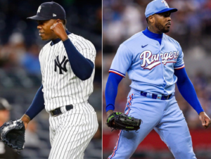 Ex-Yankees pitcher Aroldis Chapman in pinstripes and Texas uniform.