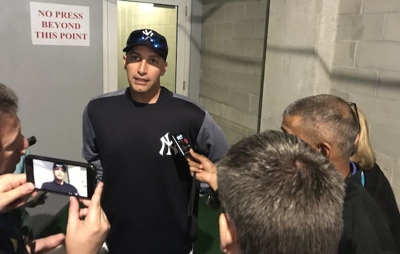 Andy Pettitte is talking to reporters at Steinbrenner Field in Tampa in 2019.
