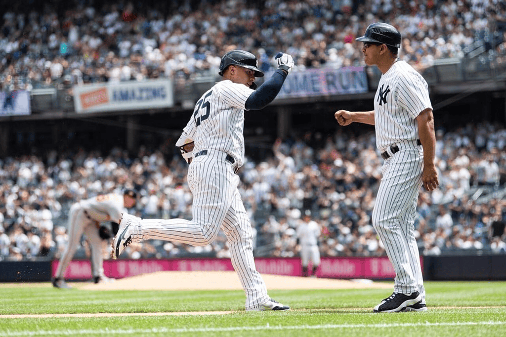 Gleyber Torres celebrates after a bold baserunning move against the Orioles on July 4, 2023, at Yankee Stdaium. It helped the Yankees win 8-4.