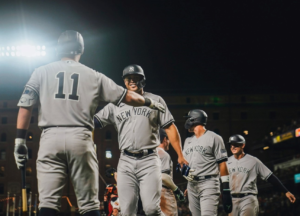 Yankees players celebrate after their 8-3 win over the Orioles in Baltimore on July 29, 2023.