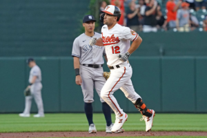 An Orioles player showcases his base-running skills during a game against the Yankees on July 30.