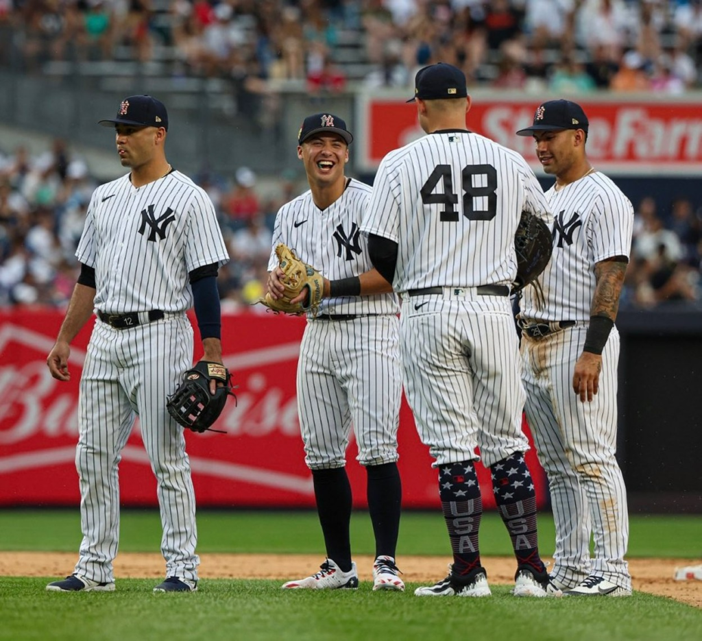 Yankees' Anthony Volpe is with Rizzo, Torres, and IKF at Yankee Stadium on July 06, 2023.