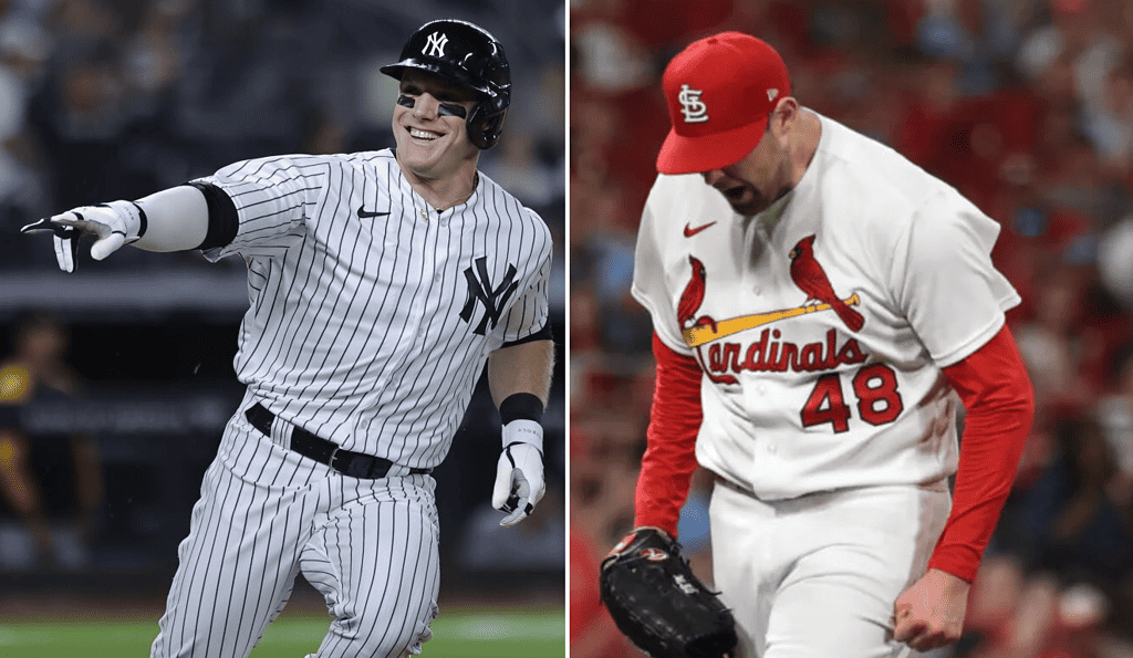 Harrison Bader of the Yankees and Jordan Montgomery of the Cardinals