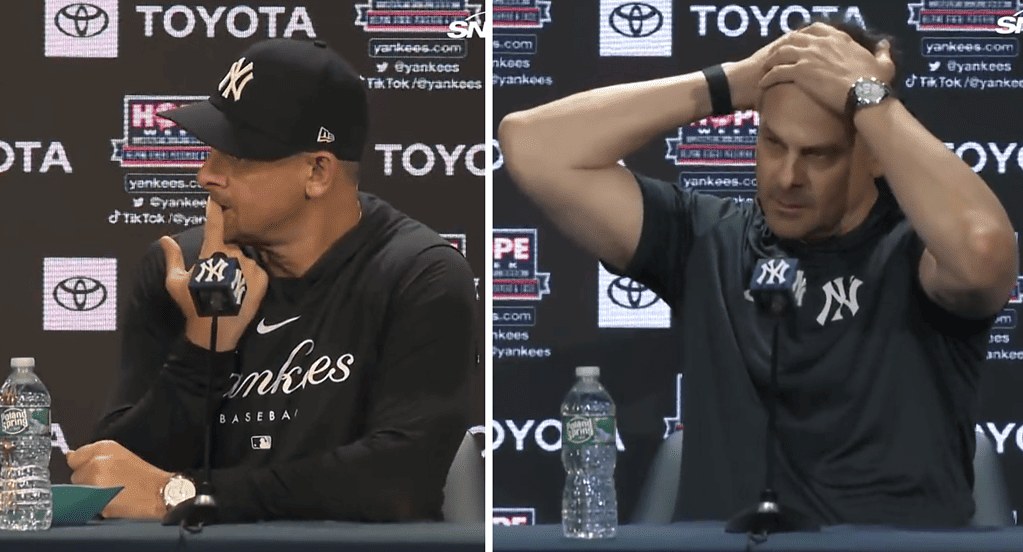 Yankees Manager Aaron Boone is at a press conference after their 3-0 loss to the Cubs on July 07, 2023, at Yankee Stadium.