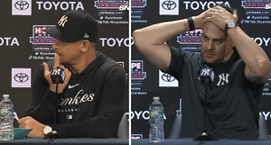 Yankees Manager Aaron  Boone is at a press conference after their 3-0 loss to the Cubs on July 07, 2023, at Yankee Stadium.