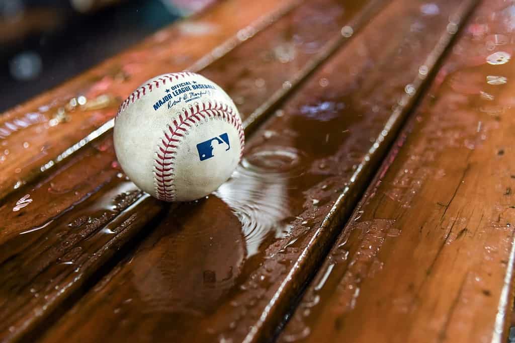 A ball at the Yankees bullpen during the rainout at Yankee Stadium.