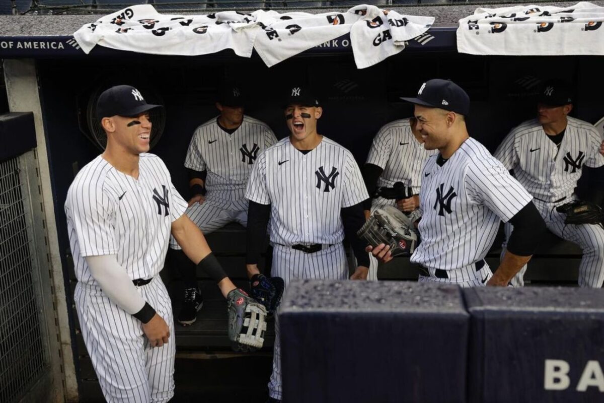 Aaron Judge y otros en el banquillo de los Yankees.