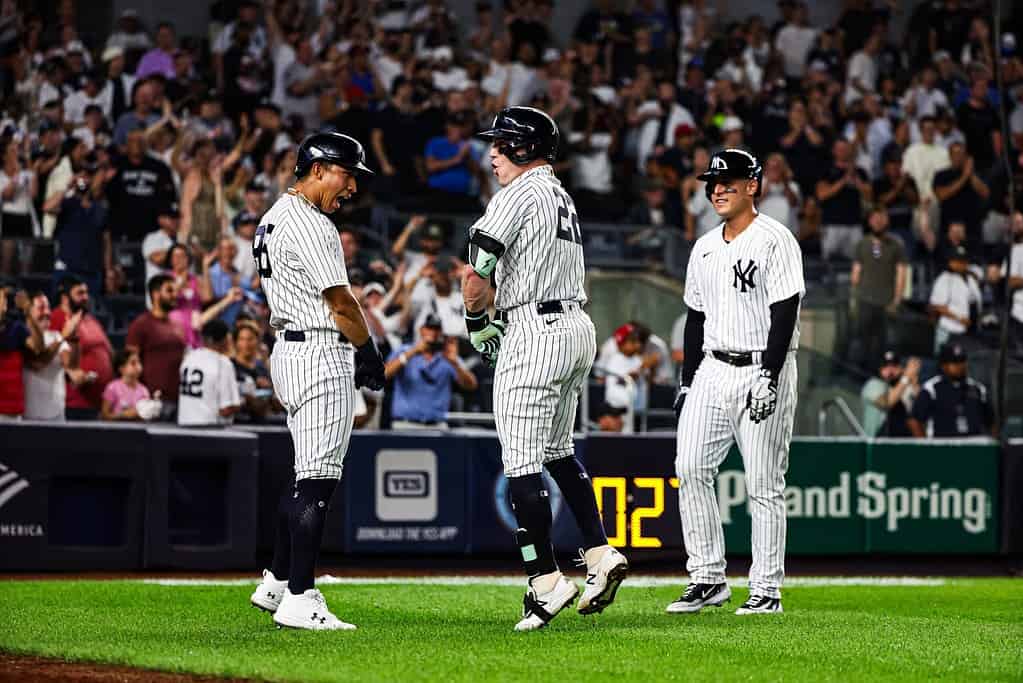 Yankees players are celebrating after beating the Orioles 6-3 on July 3, 2023, at Yankee Stadium.