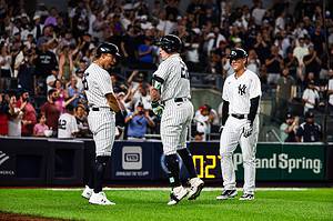 Yankees players are celebrating after beating the Orioles 6-3 on July 3, 2023, at Yankee Stadium.