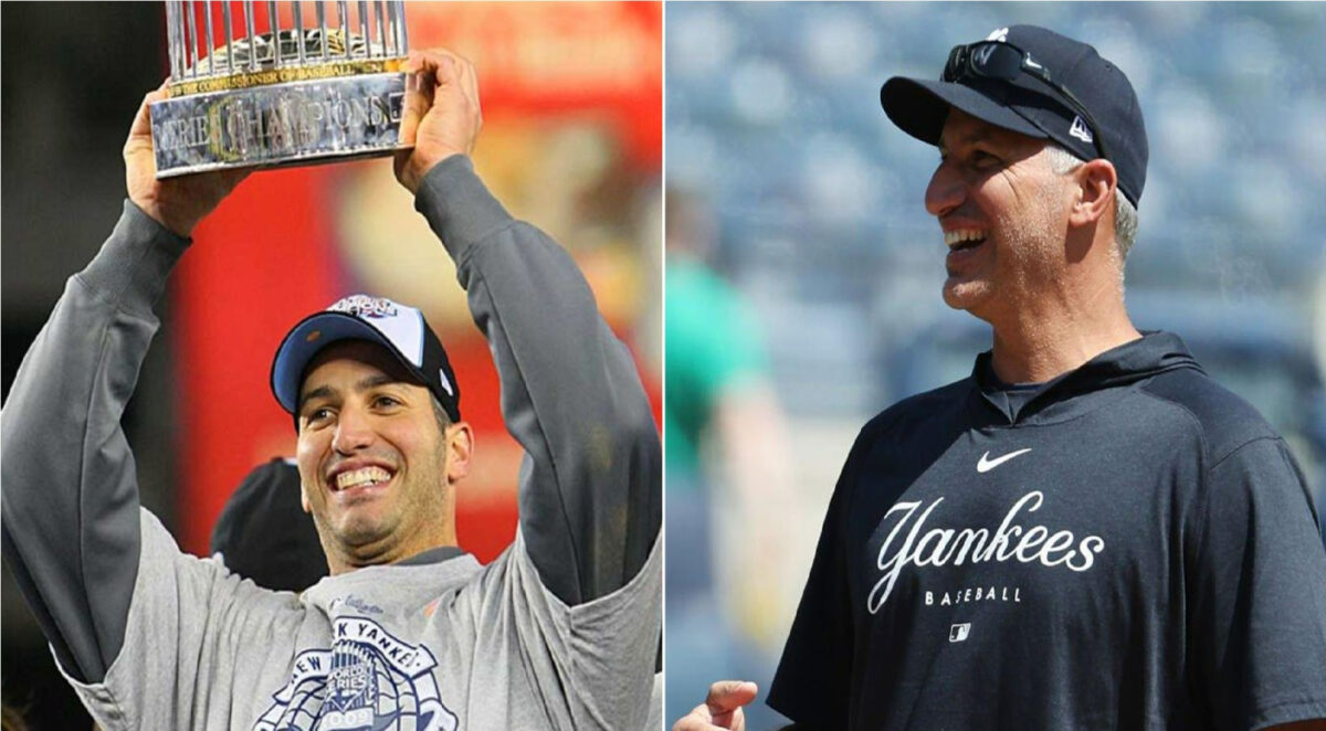 Andy Pettitte is holding the 2001 WS trophy and as Yankees adviser on July 23, 2023.
