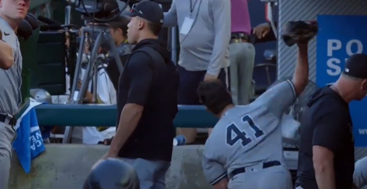 Yankees pitcher Tommy Kahnle reacts after in the dugout after giving runs to the Angels on July 19, 2023, at Anaheim.