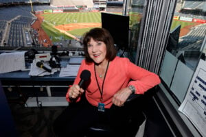 07/28/22 - New York Yankees Radio Broadcaster Suzyn Waldman poses in the radio broadcast booth before the start of the Kansas City Royals vs New York Yankees game at Yankee Stadium in the Bronx, New York, Thursday, July 28, 2022, in New York. Photo by 