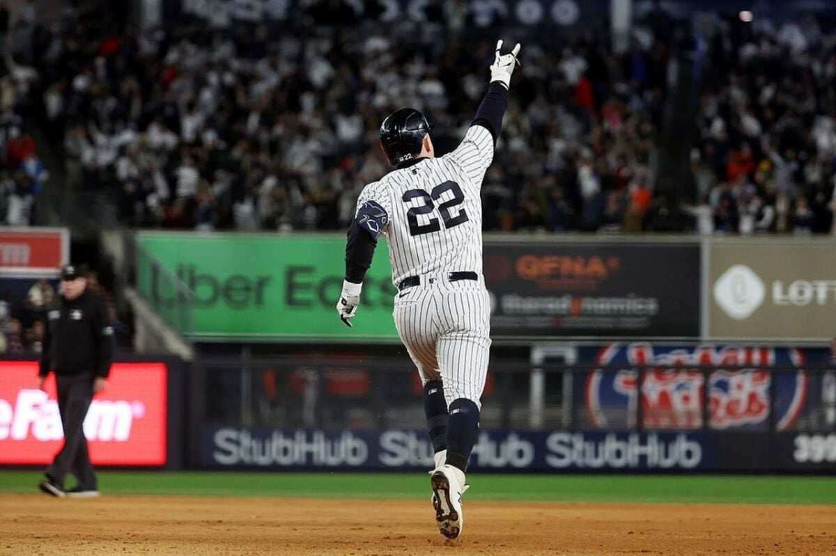 Yankees Harrison Bader is celebrating his after hitting a home run in Yankee Stadium in May 2022.