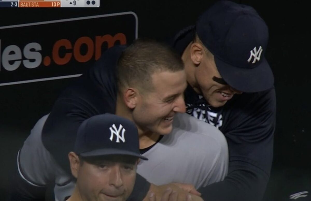 Anthony Rizzo and his best friend Aaron Judge at Yankees dugout in