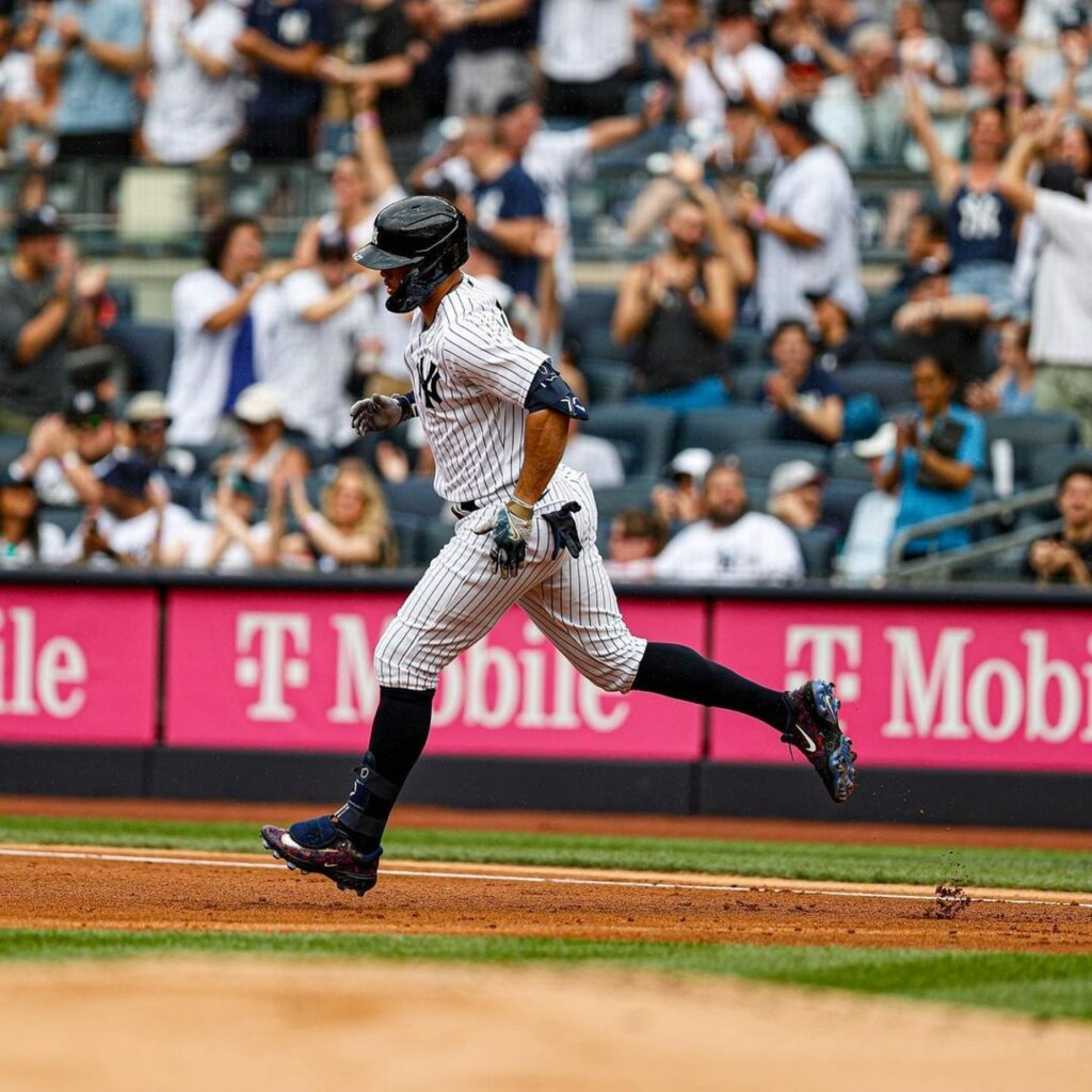 Giancarlo Stanton is running to the base during the Yankees vs. Astros game on August 5, 2023.