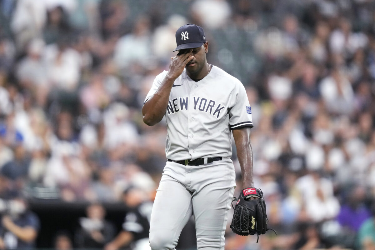 New York Yankees relief pitcher Luis Severino walks to the dugout after the second inning of the team's baseball game against the Chicago White Sox on Wednesday, Aug. 9, 2023, in Chicago. (AP Photo/Charles Rex Arbogast)