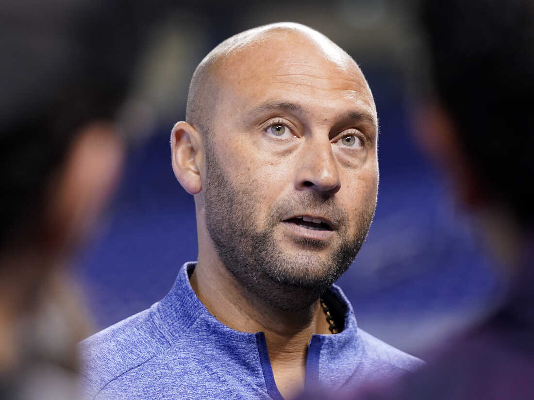 FILE - Derek Jeter, CEO of the Miami Marlins, speaks with the news media before a baseball game against the Philadelphia Phillies, Saturday, Oct. 2, 2021, in Miami. Derek Jeter announced a surprise departure from the Miami Marlins Monday, Feb. 28, 2022.