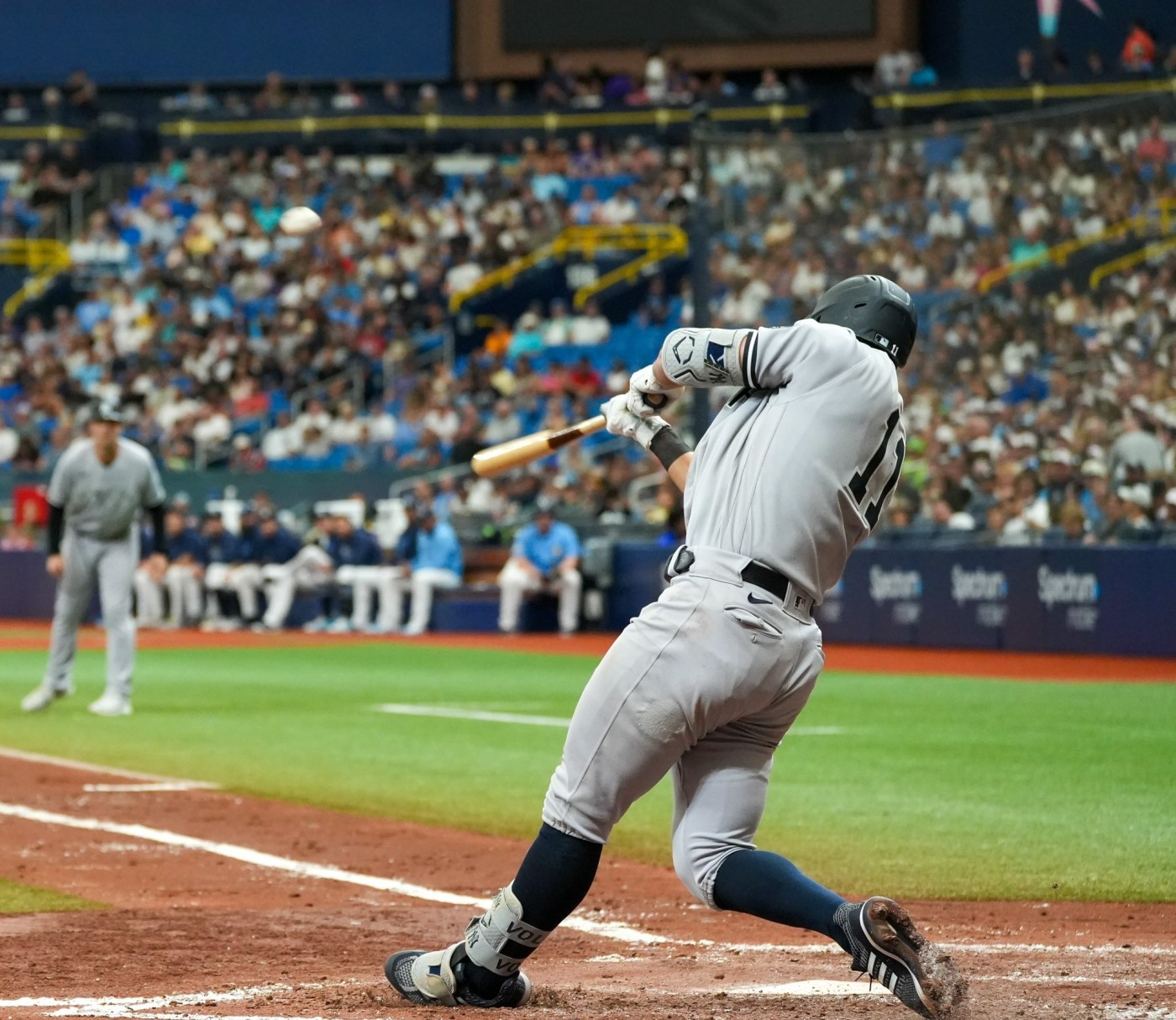 Yankees rookie shortstop Anthony Volpe is swinging against the Rays in Tampa on Aug 27, 2023.