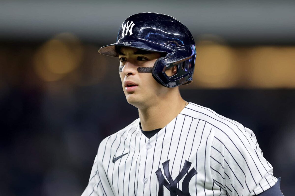 May 25, 2023; Bronx, New York, USA; New York Yankees shortstop Anthony Volpe (11) reacts after making the final out of the game against the Baltimore Orioles at Yankee Stadium.