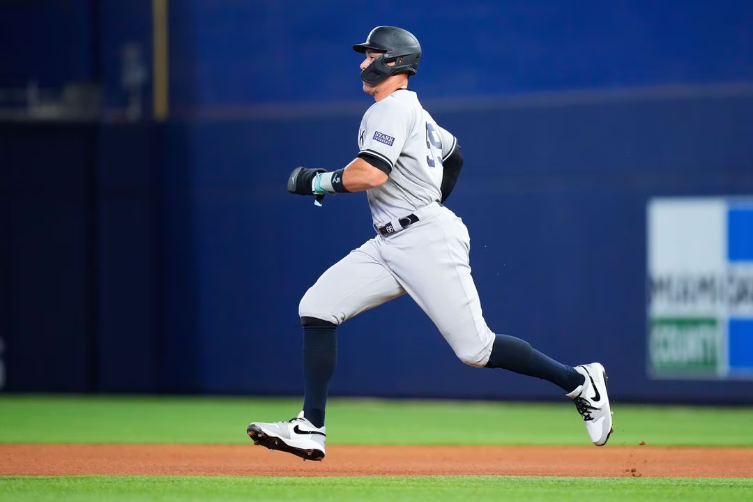 Aug 12, 2023; Miami, Florida, USA; New York Yankees right fielder Aaron Judge (99) runs to second base against the Miami Marlins during the first inning at loanDepot Park. 