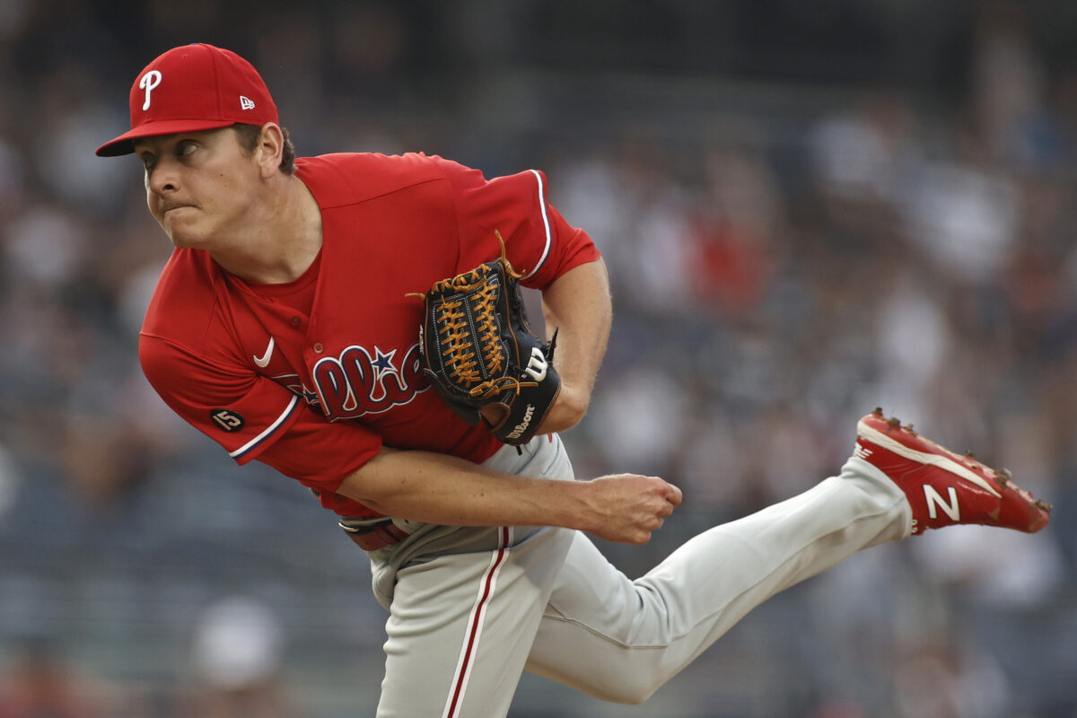 Philadelphia Phillies' Spencer Howard delivers a pitch to a New York Yankees batter during the first inning of a baseball game Wednesday, July 21, 2021, in New York. (AP Photo/Adam Hunger)