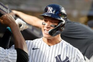 08/23/23 -  New York Yankees right fielder Aaron Judge celebrates his grand slam with his teammates against the Washington Nationals in the second inning at Yankee Stadium in the Bronx, New York, Saturday, August 23, 2023. 