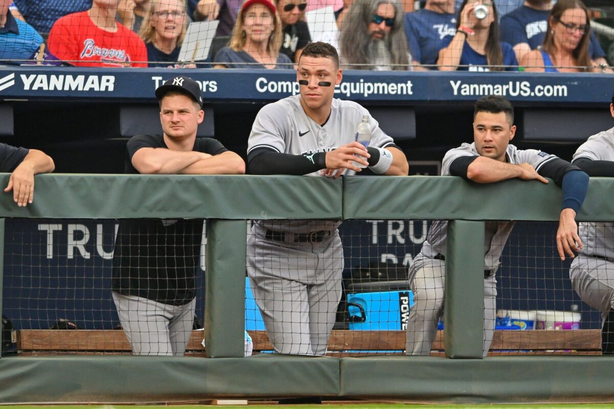 Aaron Judge in Yankees dugout at Truist Park, Atlanta, during the game against the Braves on August 15, 2023.